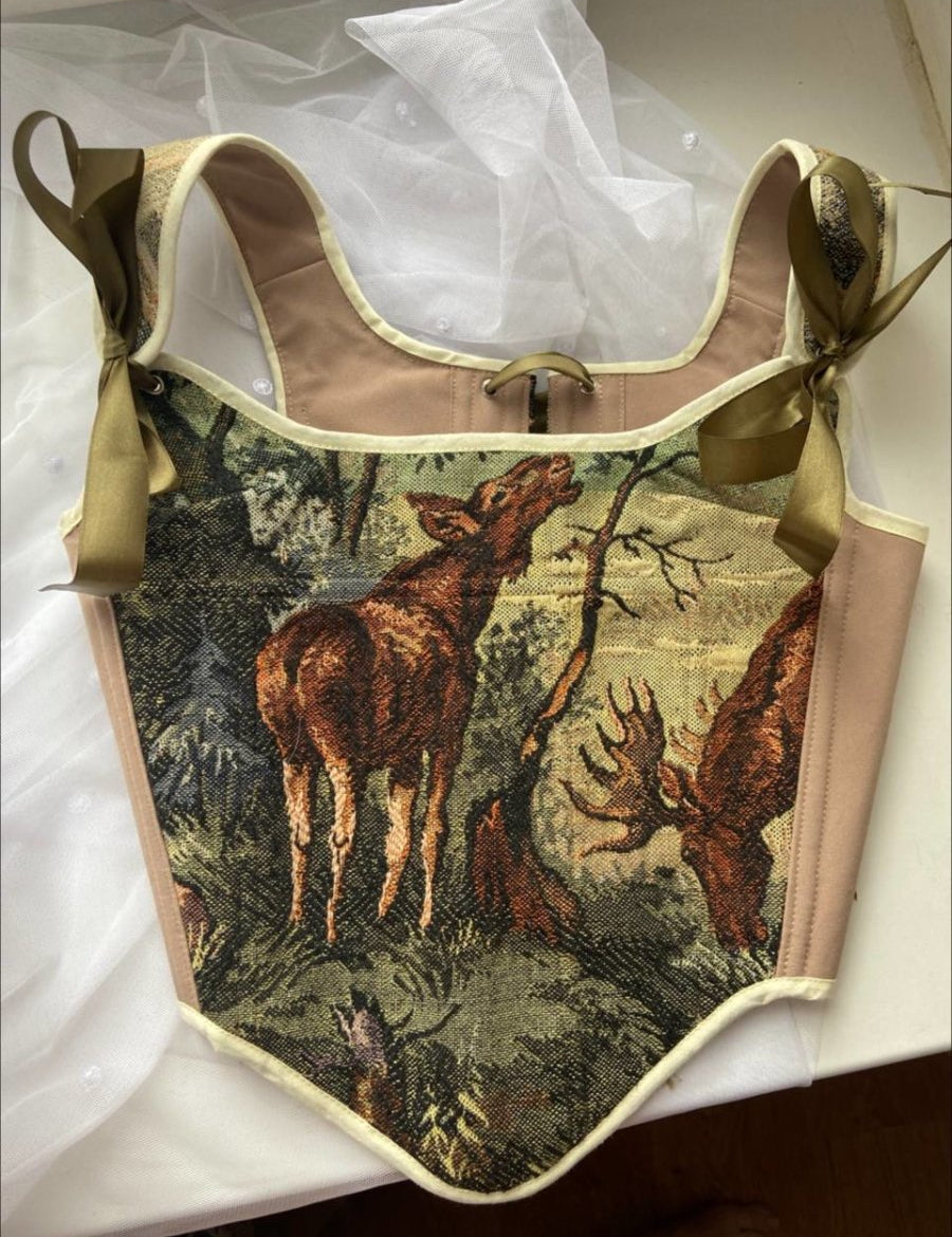 Lace-up Vintage Tapestry Corset Top, "Moose in the Woods” Print, Size S-M (US 2-6) - Stashe