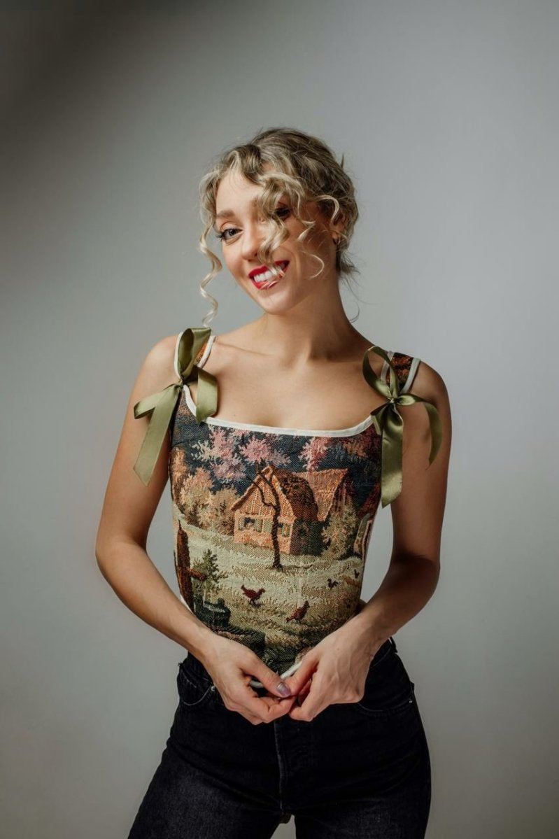 Lace-up Vintage Tapestry Corset Top, “Scenic Cottage House”, Size S-M (US 4-8) - Stashe