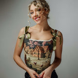 Lace-up Vintage Tapestry Corset Top, “Scenic Cottage House”, Size S-M (US 4-8) - Stashe