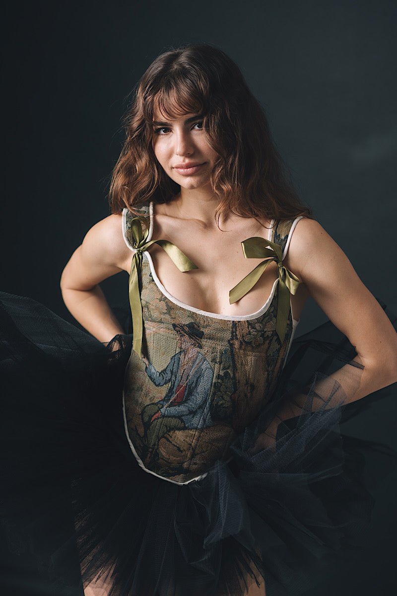 Lace-up Vintage Tapestry Corset Top, "Sitting Boy” Print, Size S-M (US 4-8) - Stashe