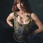 Lace-up Vintage Tapestry Corset Top, "Sitting Boy” Print, Size S-M (US 4-8) - Stashe