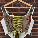 Lace-up Vintage Tapestry Corset Top, "Sitting Boy” Print, Size S-M (US 4-8) - Stashe