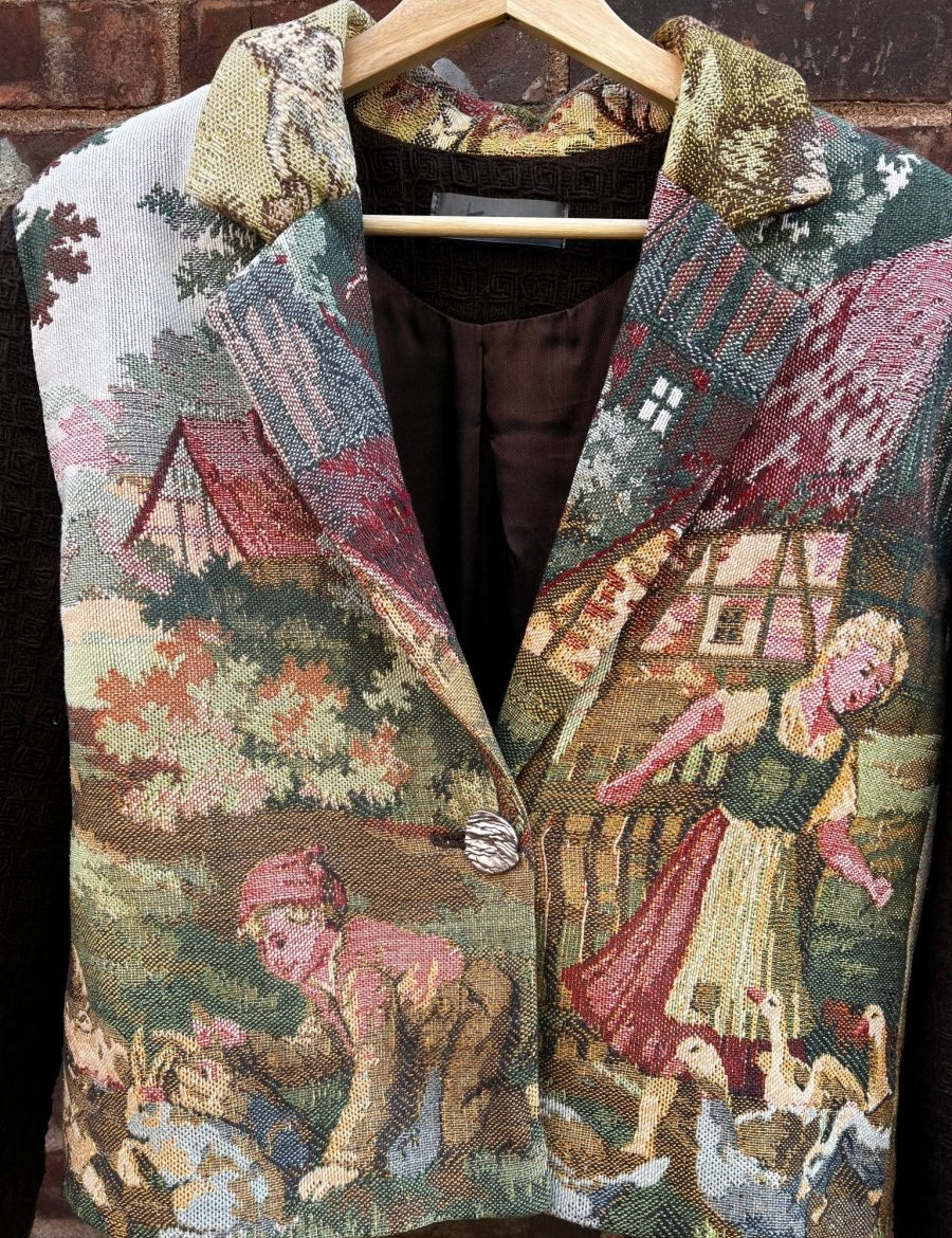 Vintage Tapestry Jacket, "A Girl and a Boy with Geese" Pattern - Stashe