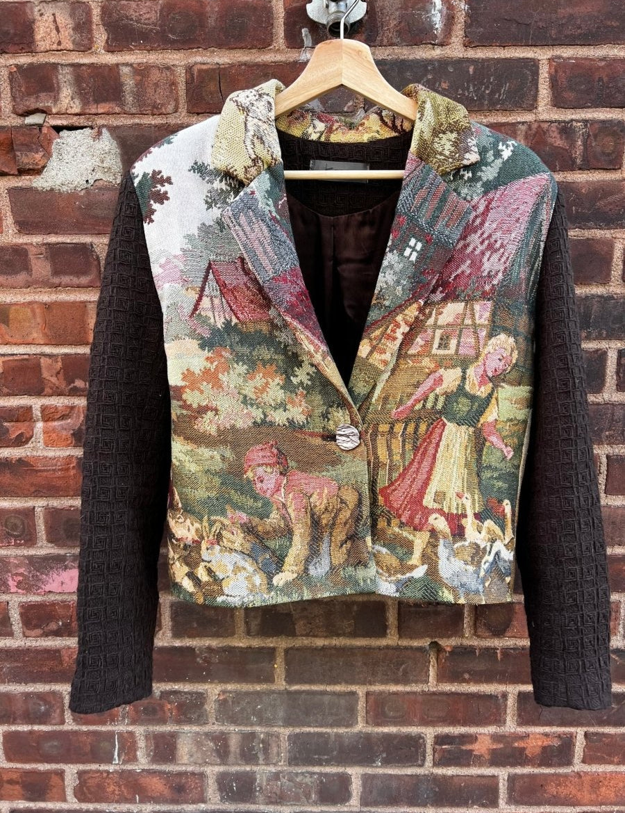 Vintage Tapestry Jacket, "A Girl and a Boy with Geese" Pattern - Stashe